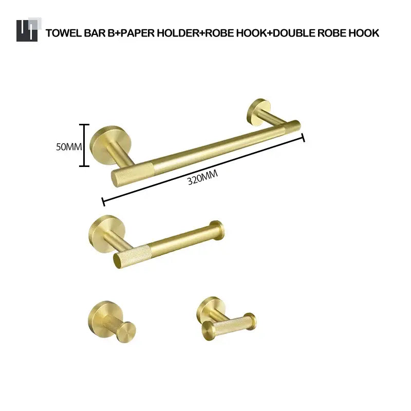 Gold-toned metal towel bar with sleek cylindrical design and brushed gold finish from decorbites brushed gold bathroom accessories set