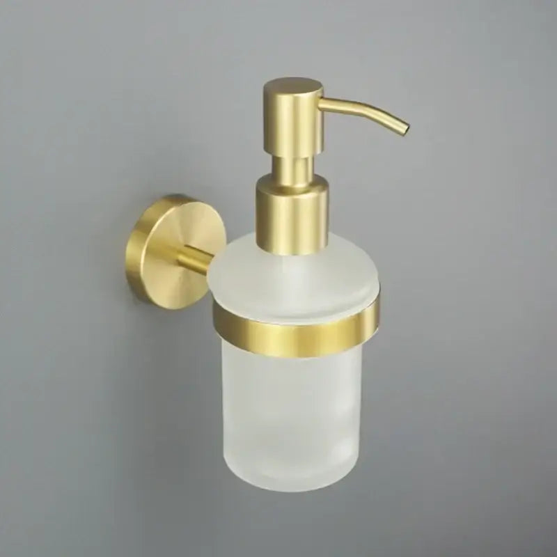 Modern brushed gold wall-mounted soap dispenser with frosted glass and brass accents decorbites brushed gold bathroom accessories