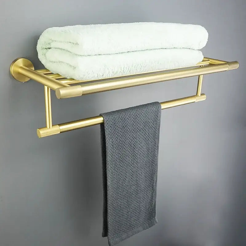 Modern brushed gold metal towel rack with two bars and slatted shelf from decorbites brushed gold bathroom accessories set