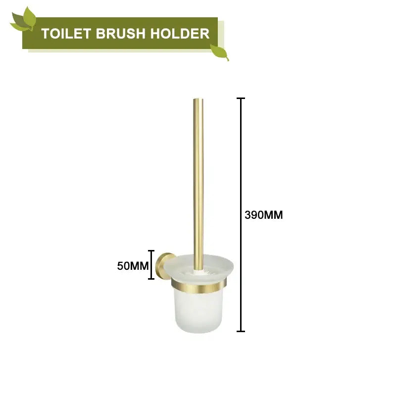 Modern brushed gold bathroom accessories set featuring a gold-toned toilet brush holder with frosted glass base decorbites brushed gold