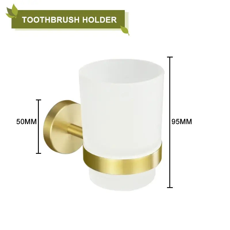 White frosted glass toothbrush holder with brushed gold metal base in decorbites brushed gold bathroom accessories set
