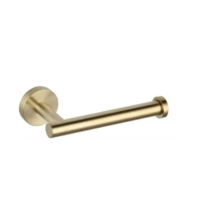 Brass-finished wall-mounted toilet paper holder with sleek cylindrical design in brushed gold bathroom decorbites set