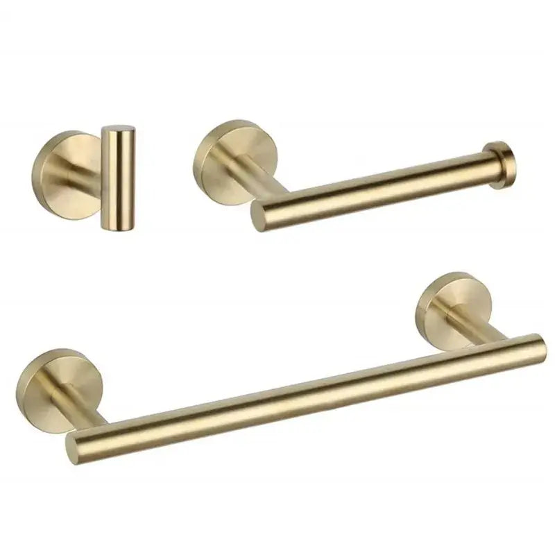 Modern brushed gold bathroom accessory set featuring a brushed gold towel bar toilet paper holder and wall-mounted knob by decorbites