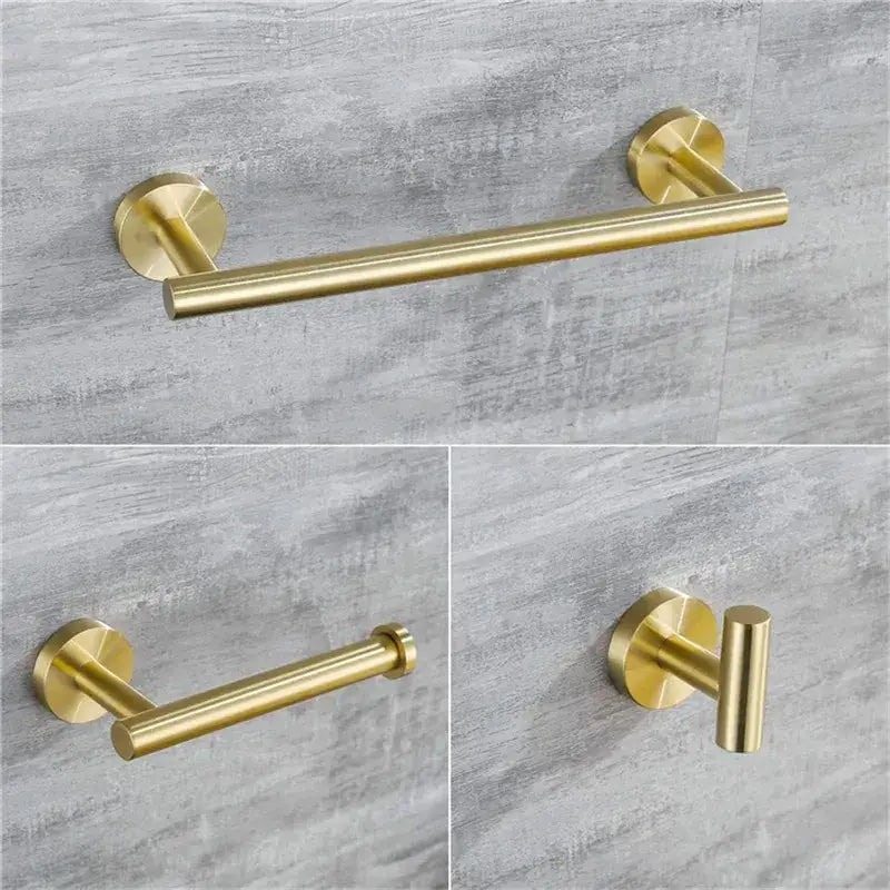 Modern brushed gold bathroom towel rack with sleek metal design and circular wall mounts from decorbites brushed gold set