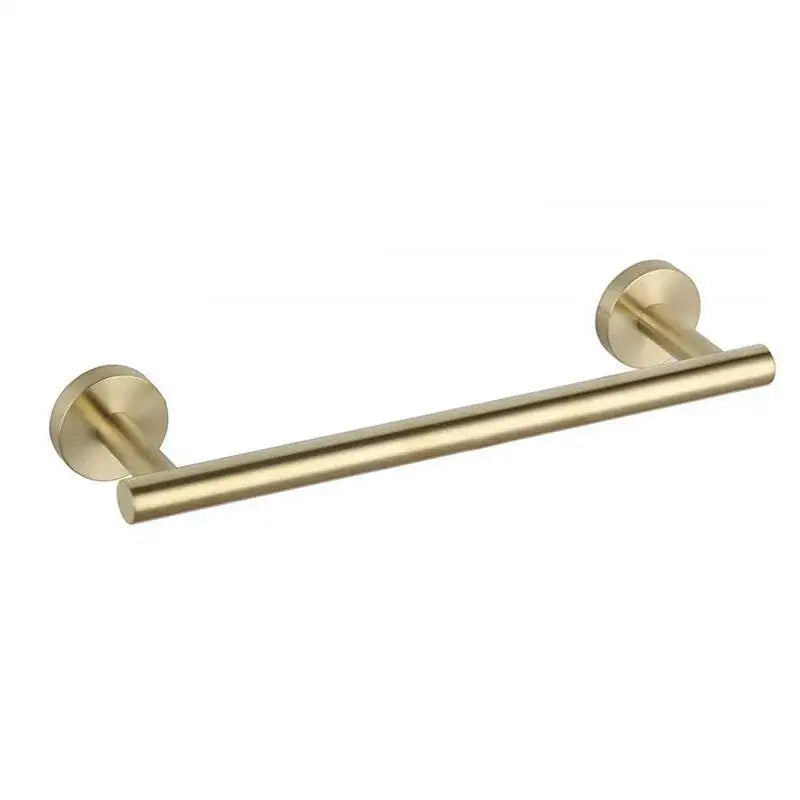 Modern brushed gold bathroom towel rack with sleek cylindrical design and minimalist circular wall mounts decorbites brushed gold