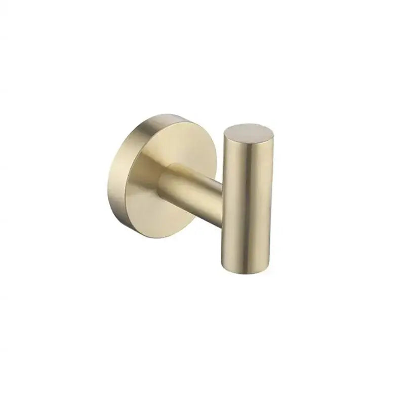 Modern brushed gold bathroom accessory set featuring a wall-mounted towel hook with a sleek cylindrical design