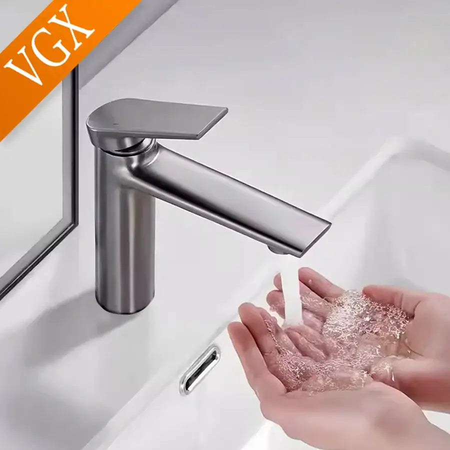 Modern brushed stainless steel bathroom faucet with centerset deck-mounted design and high-quality ceramic valve for cold water