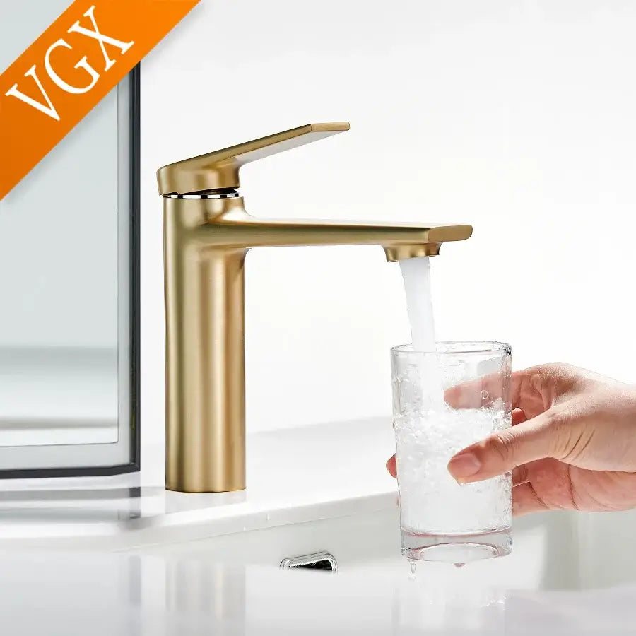 Modern brushed gold bathroom faucet with centerset deck-mounted design and high-quality ceramic valve for cold water control
