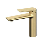 Modern brushed gold bathroom faucet with centerset deck-mounted design and high-quality ceramic valve for cold water control