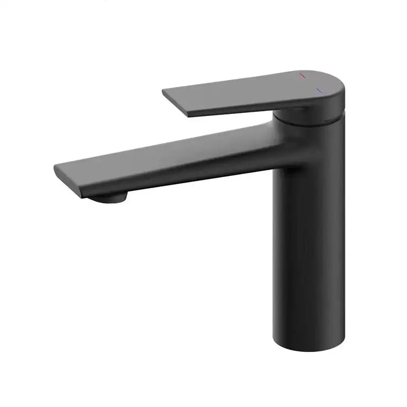 Modern matte black single-handle bathroom faucet with centerset deck-mounted design and high-quality ceramic valve for cold water