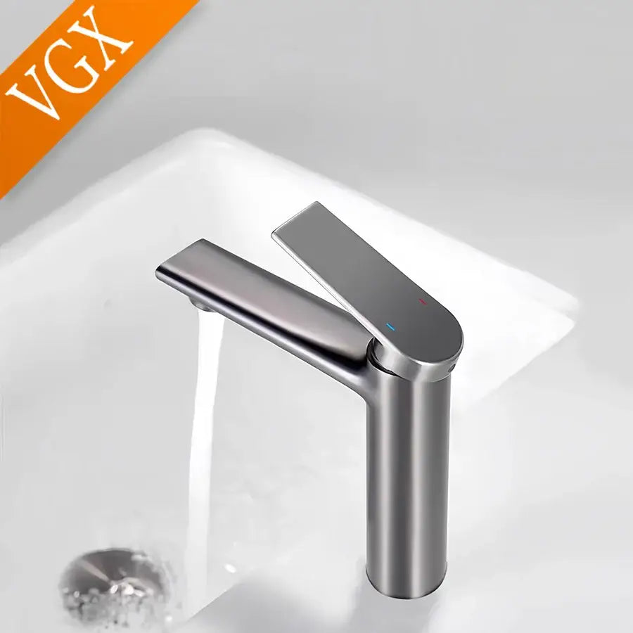 Modern brushed gold centerset deck-mounted bathroom faucet with high-quality ceramic valve and cold water led indicators