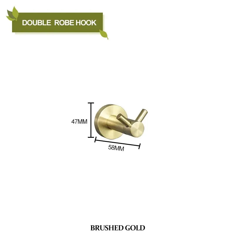 Brushed gold double robe hook with a sleek modern design in a bathroom hardware set for stylish bathroom hardware