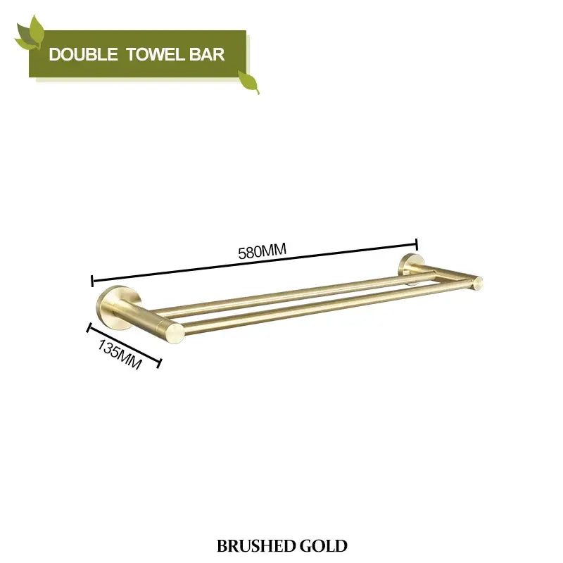 Brushed gold double towel bar with two parallel bars and circular wall mounts from modern bathroom hardware set