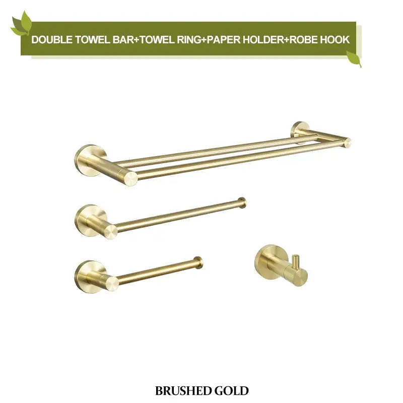 Modern brushed gold bathroom hardware set featuring a double towel bar with matching towel ring paper holder and robe hook
