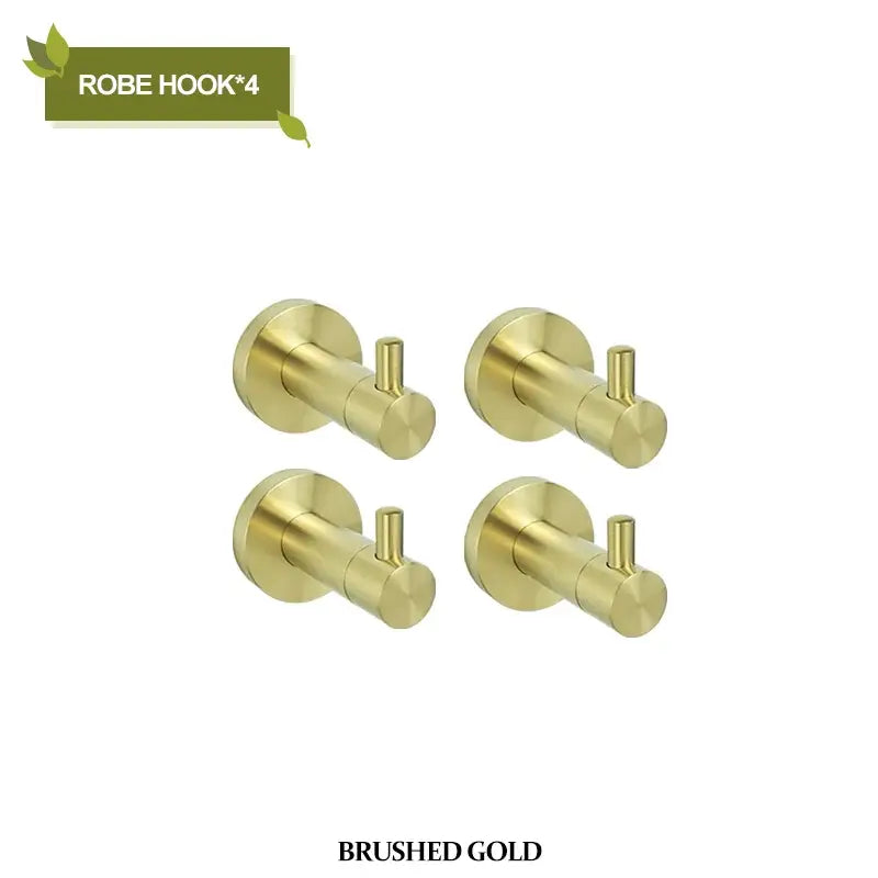 Set of four brushed gold robe hooks with a sleek modern design in a brushed gold bathroom hardware set