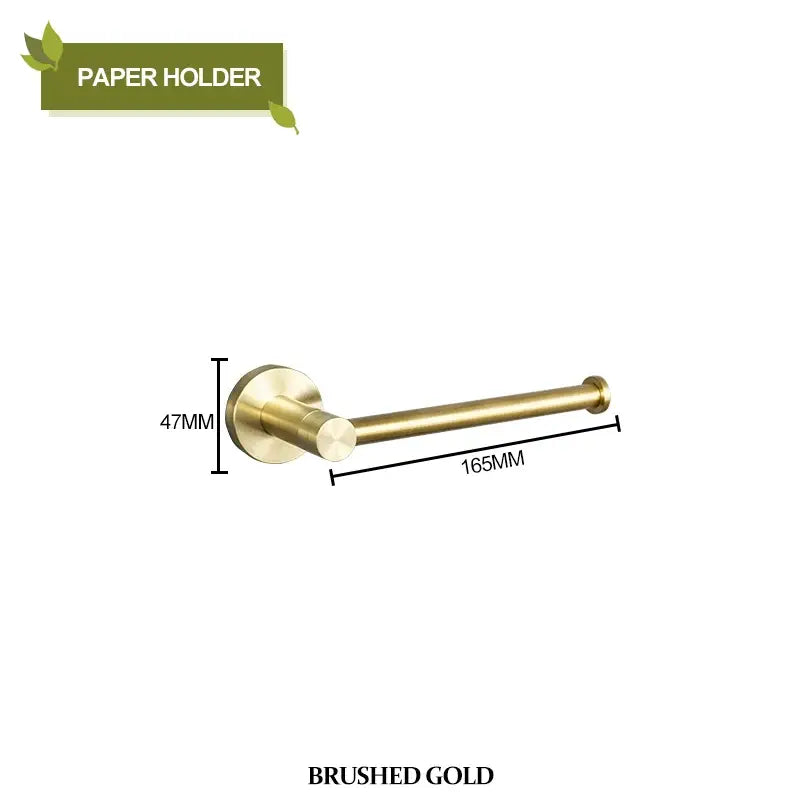 Brushed gold paper holder with sleek modern design and cylindrical rod from bathroom hardware set
