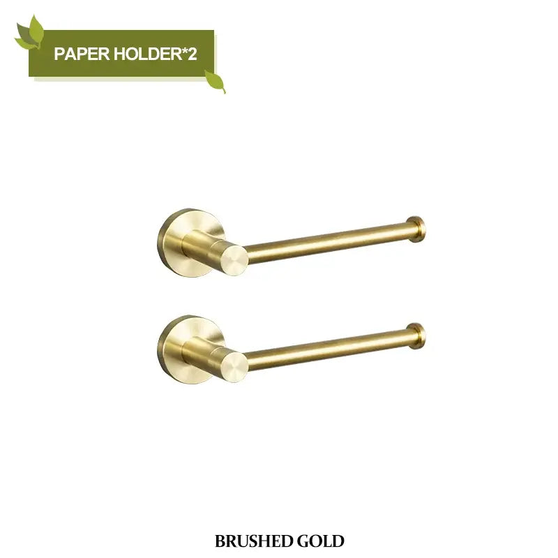 Modern brushed gold bathroom hardware set featuring sleek brushed gold paper holders with cylindrical design and circular mounts