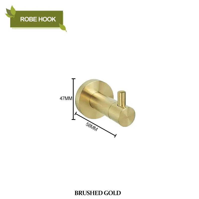Brushed gold robe hook with sleek modern design and rounded edges from bathroom hardware set