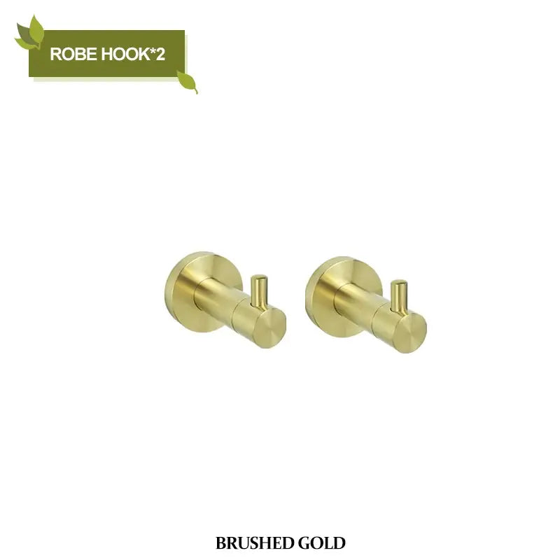 Brushed gold robe hooks with a sleek modern design featured in a bathroom hardware set for stylish bathroom hardware