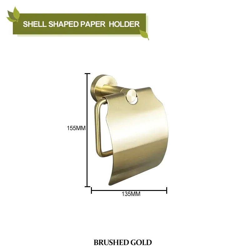 Brushed gold shell-shaped paper holder with sleek modern design in bathroom hardware set for stylish bathroom accessories