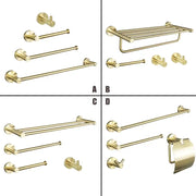 Modern brushed gold bathroom hardware set with sleek brushed metal finish and matching wall-mounted towel racks hooks and holder