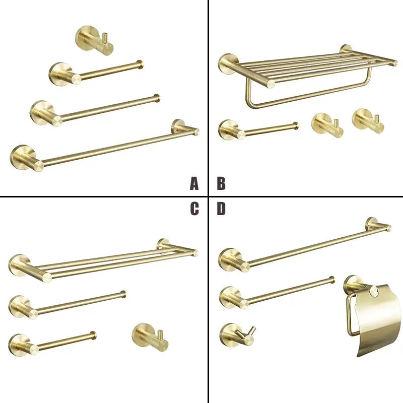 Modern brushed gold bathroom hardware set with sleek brushed metal finish and matching wall-mounted towel racks hooks and holder