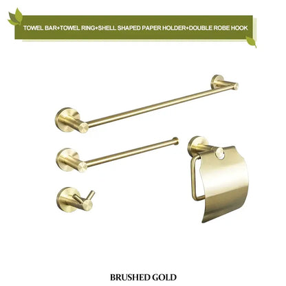 Modern brushed gold bathroom hardware set with towel bar, towel ring, shell paper holder, and double robe hooks