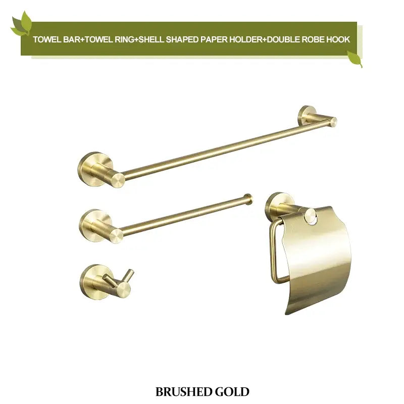 Modern brushed gold bathroom hardware set with towel bar, towel ring, shell paper holder, and double robe hooks
