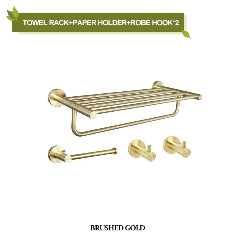 Modern brushed gold bathroom hardware set featuring a towel rack with matching paper holder and robe hooks