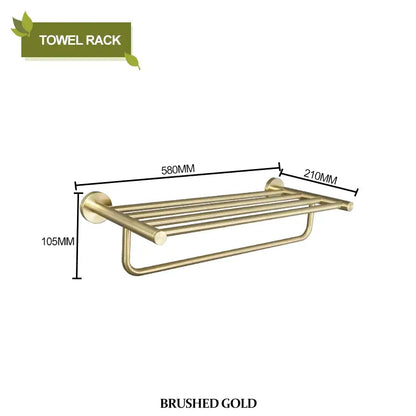 Modern brushed gold bathroom hardware set featuring a sleek towel rack with horizontal bars for hanging towels