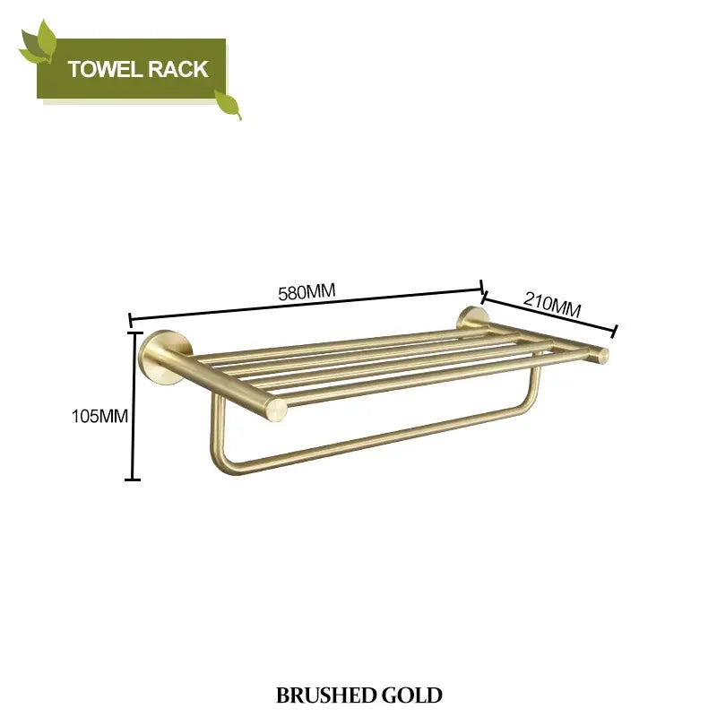 Modern brushed gold bathroom hardware set featuring a sleek towel rack with horizontal bars for hanging towels