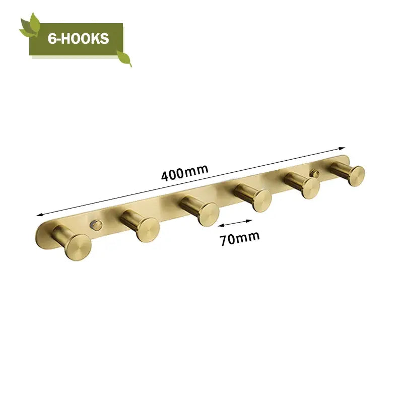 Modern brushed gold bathroom wall-mounted hook rack 400mm long with six hooks by decorbites brushed gold