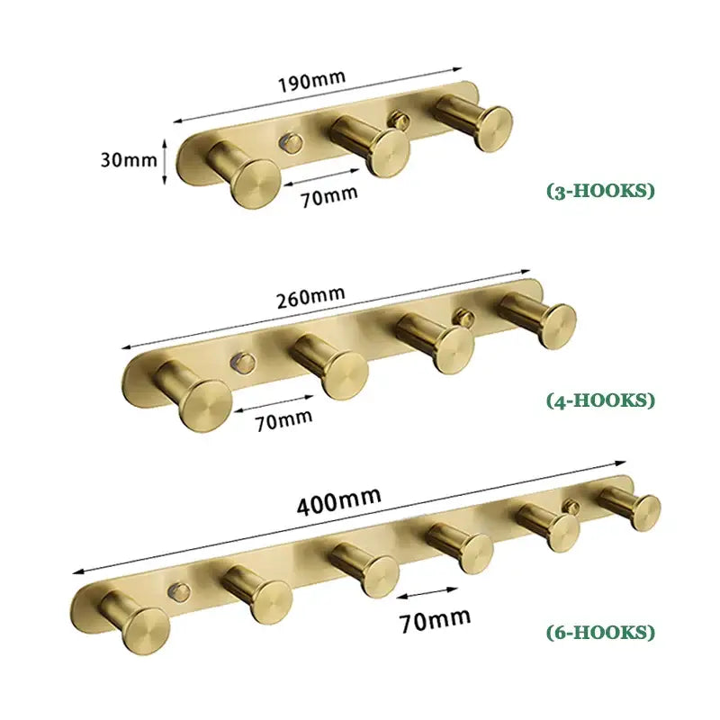 Modern brushed gold bathroom hardware set featuring sleek metal wall-mounted hooks in 3, 4, and 6-hook configurations