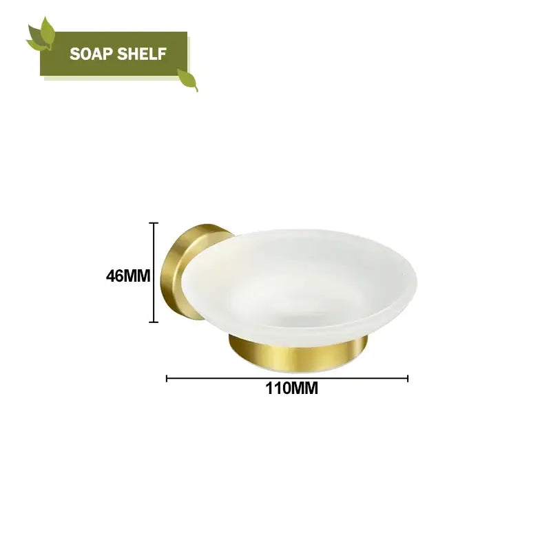 Modern brushed gold bathroom hardware set featuring a gold-finished metal soap dish with frosted glass bowl by decorbites
