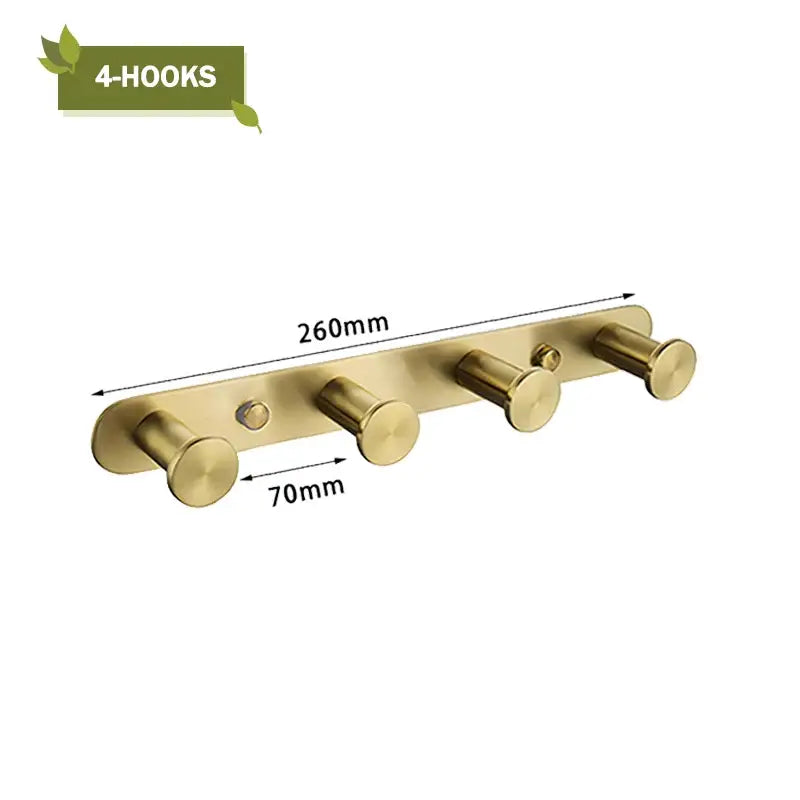 Modern brushed gold bathroom wall-mounted hook rack with four sleek metal hooks from decorbites brushed gold set