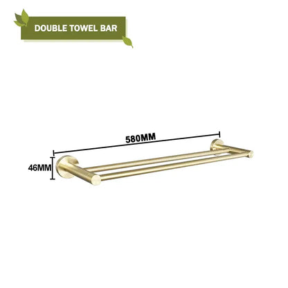 Modern brushed gold double towel bar with two parallel rods and circular mounts from decorbites brushed gold bathroom set