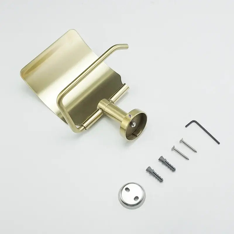 Brass-finished toilet paper holder with sleek modern design and mounting hardware in decorbites brushed gold bathroom set