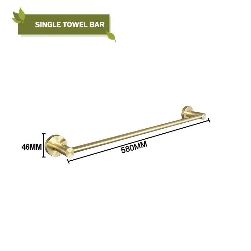 Brass-finished single towel bar 580mm in length from decorbites brushed gold bathroom hardware set with glass soap dish