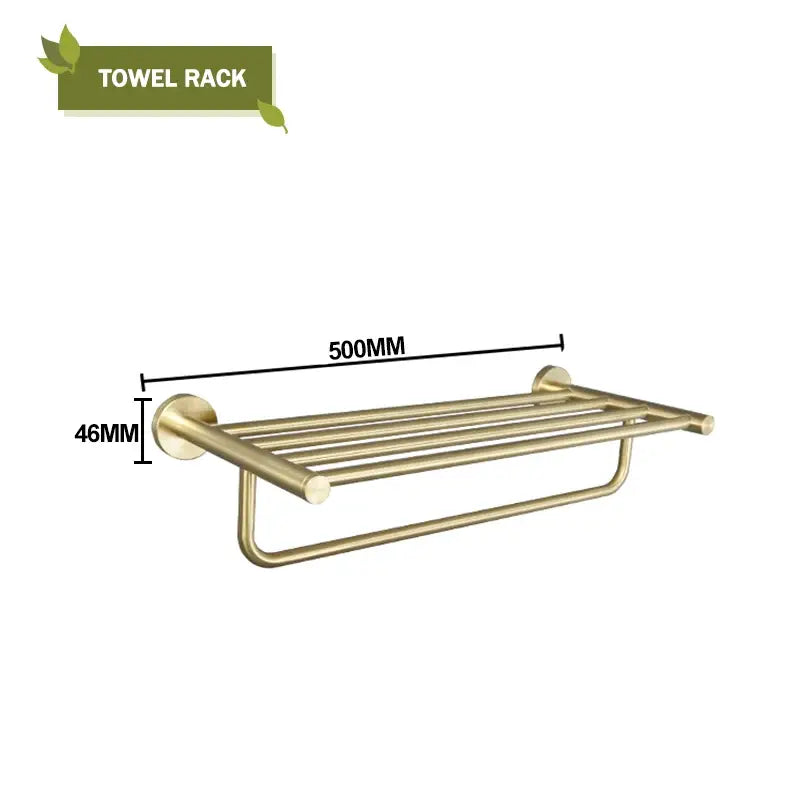 Brass-finished brushed gold towel rack with two bars and integrated shelf from decorbites brushed gold bathroom set