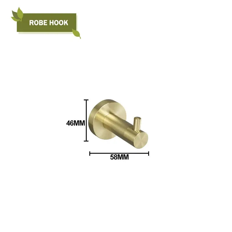 Brass-finished robe hook with circular base and cylindrical arm in a decorbites brushed gold bathroom hardware set
