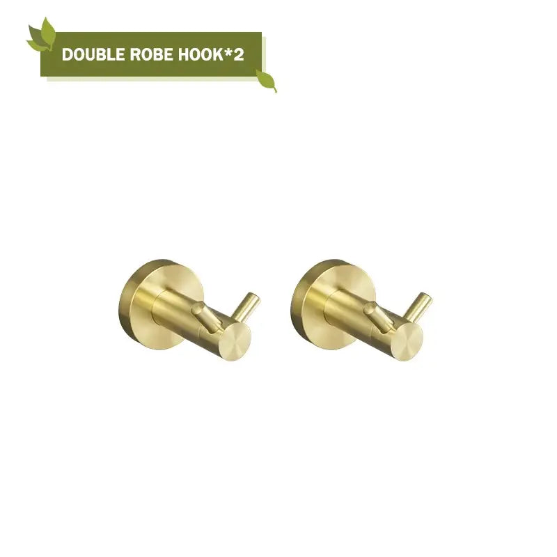 Pair of brushed gold double robe hooks in decorbites brushed gold bathroom hardware set with a glass soap dish