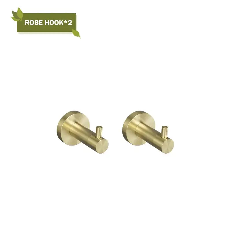 Pair of brushed gold robe hooks with circular plates and cylindrical arms from decorbites brushed gold bathroom set
