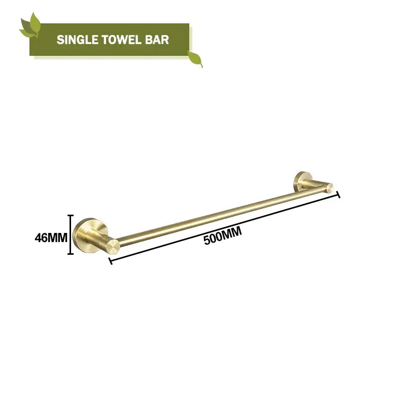 A sleek 500mm long brass single towel bar with polished finish and circular ends in decorbites brushed gold bathroom set