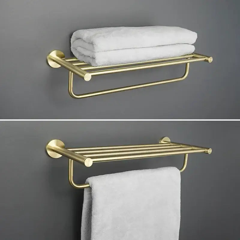 Modern brushed gold bathroom towel rack with sleek horizontal bars and rounded ends from decorbites brushed gold set