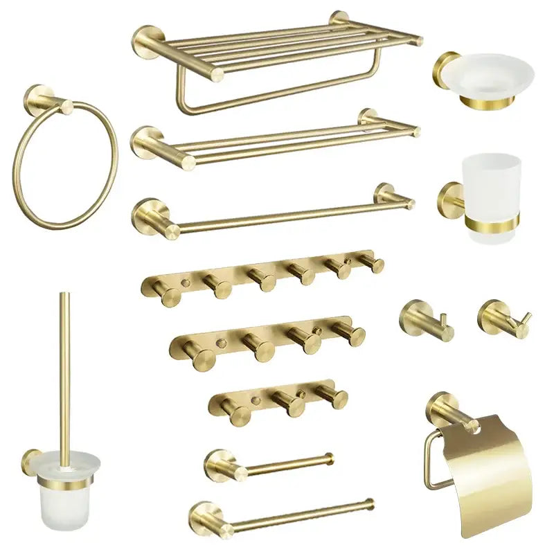 Modern brushed gold bathroom hardware set with sleek decorbites brushed gold fixtures and frosted glass soap dish