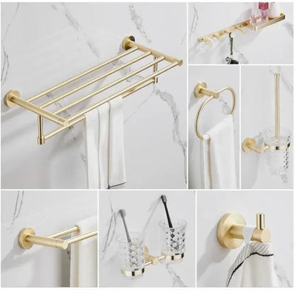 Modern brushed gold bathroom hardware set with a multi bar gold-toned towel rack featuring a sleek design
