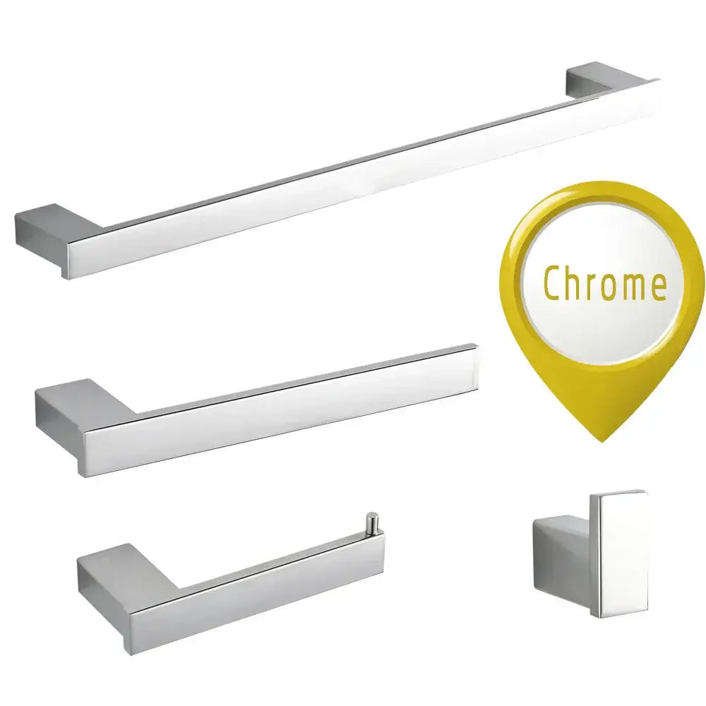 Modern brushed gold bathroom hardware set featuring sleek chrome-finished rectangular bar and hook designs