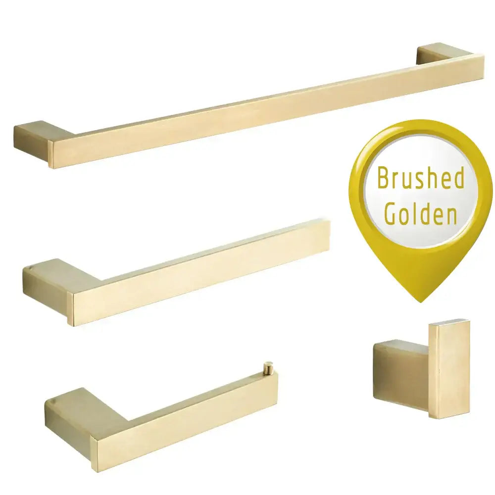 Modern brushed gold bathroom hardware set with rectangular rails featuring sleek brushed gold rectangular bars and square ends