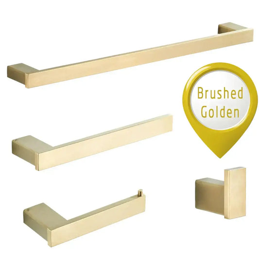 Modern brushed gold bathroom hardware set with rectangular rails featuring sleek brushed gold rectangular bars and square ends