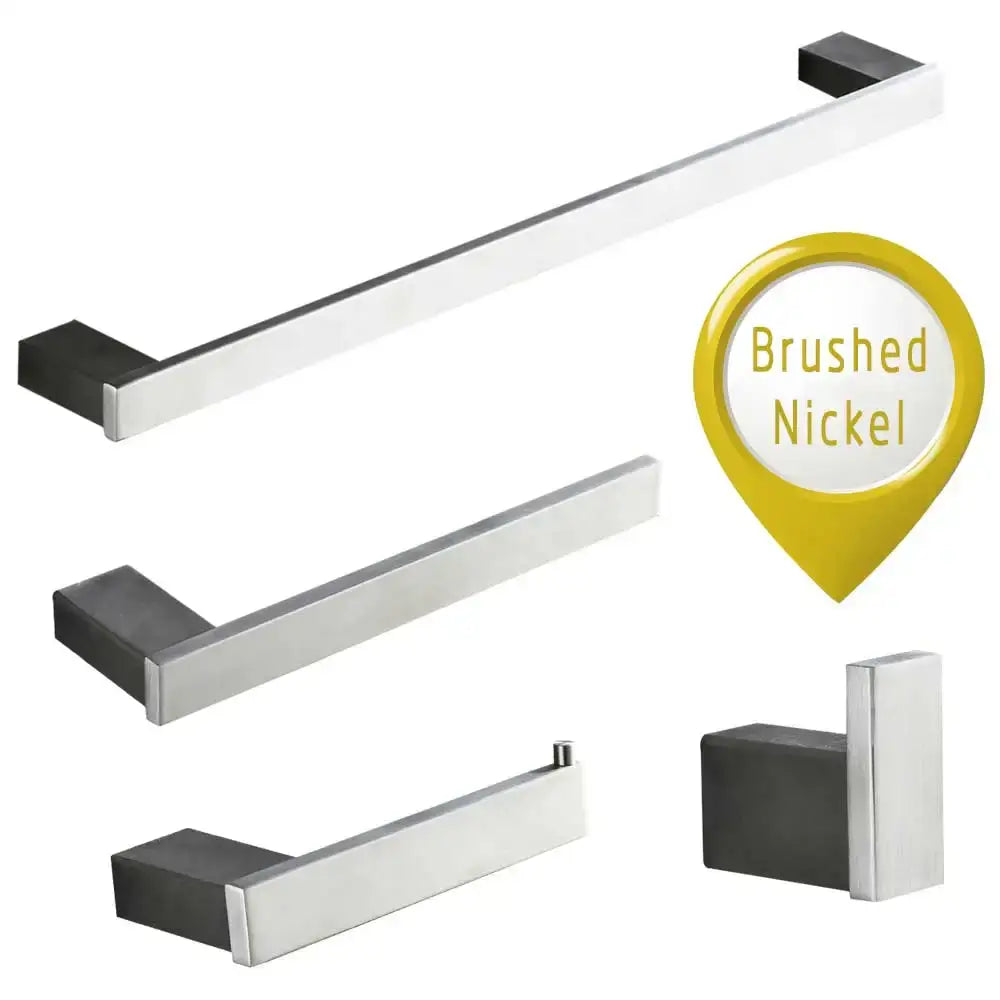 Modern brushed gold bathroom hardware set with sleek rectangular rails and square-ended brushed nickel fixtures